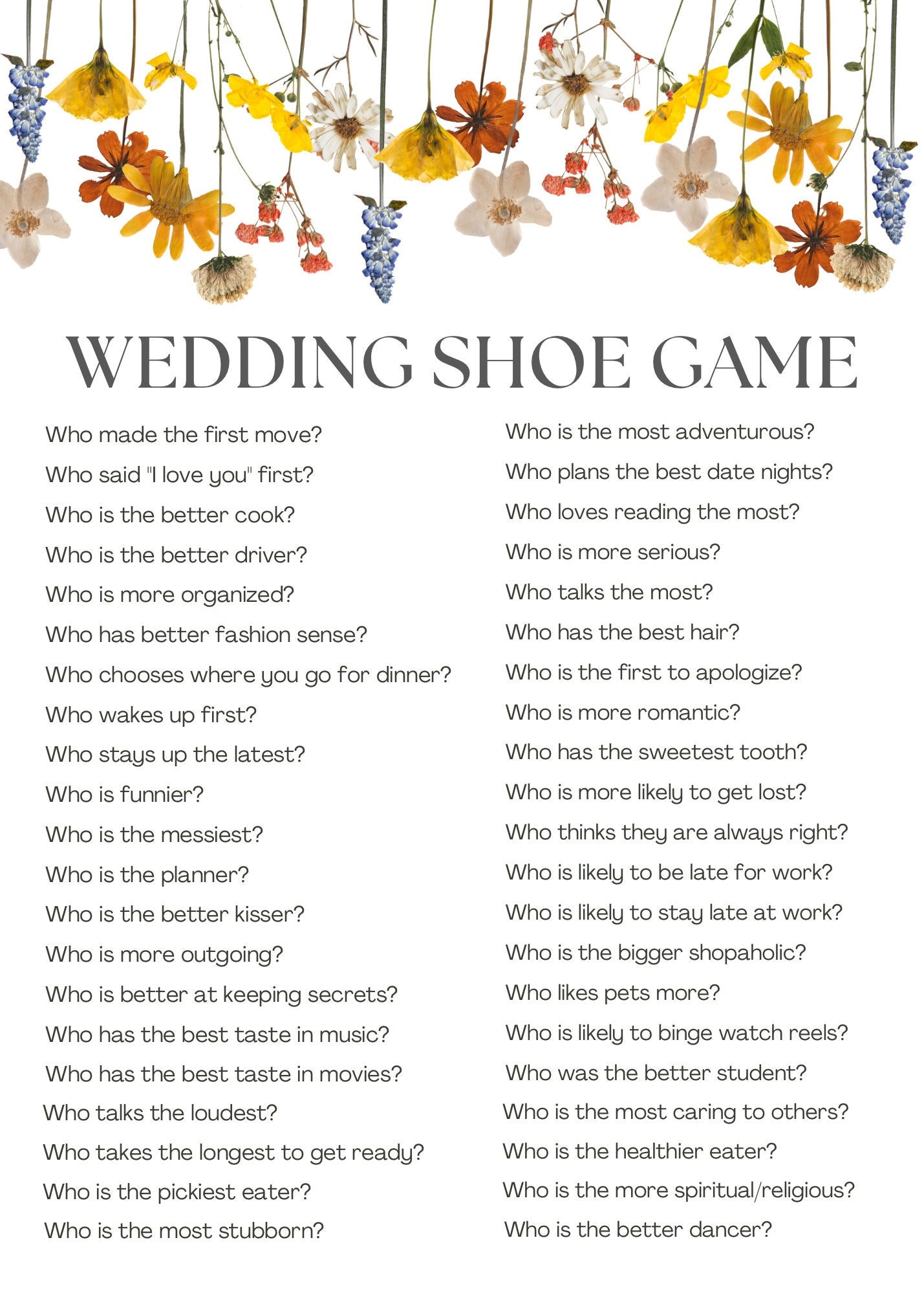 Floral Wedding Shoe Game for Couples