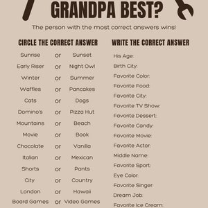 Father&#39;s Day Game Activity Quiz Who Knows Grandpa Best Quiz Game Fun Party Activity Get to Know You