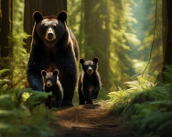 Montañas majestuosas Naturaleza Oso con cachorros Cachorros de oso negro Yosemite Montañas Sequoia Arte digital Descargar