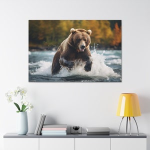 Grizzly Bear Canvas Gallery Wraps Hunting Salmon River Alaska