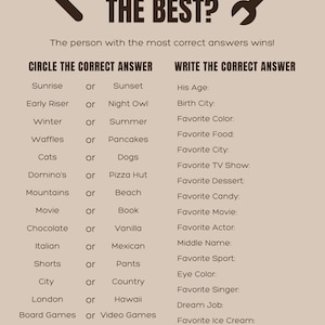 May include: A brown and white printable game for a family game night. The game asks "Who Knows Dad The Best?" and includes questions about Dad's favorite things, like his favorite color, food, city, and more. The game includes a section for players to circle the correct answer and a section to write the correct answer.