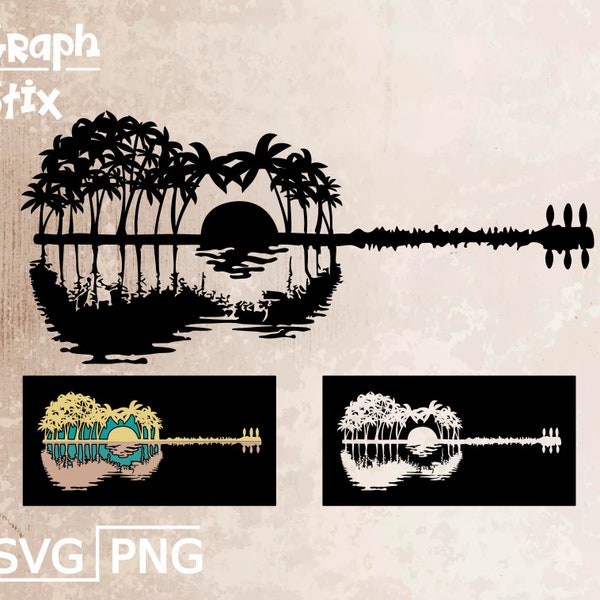 Palm tree island guitar design, premium vector logo, decal, Clipart SVG for print and cut