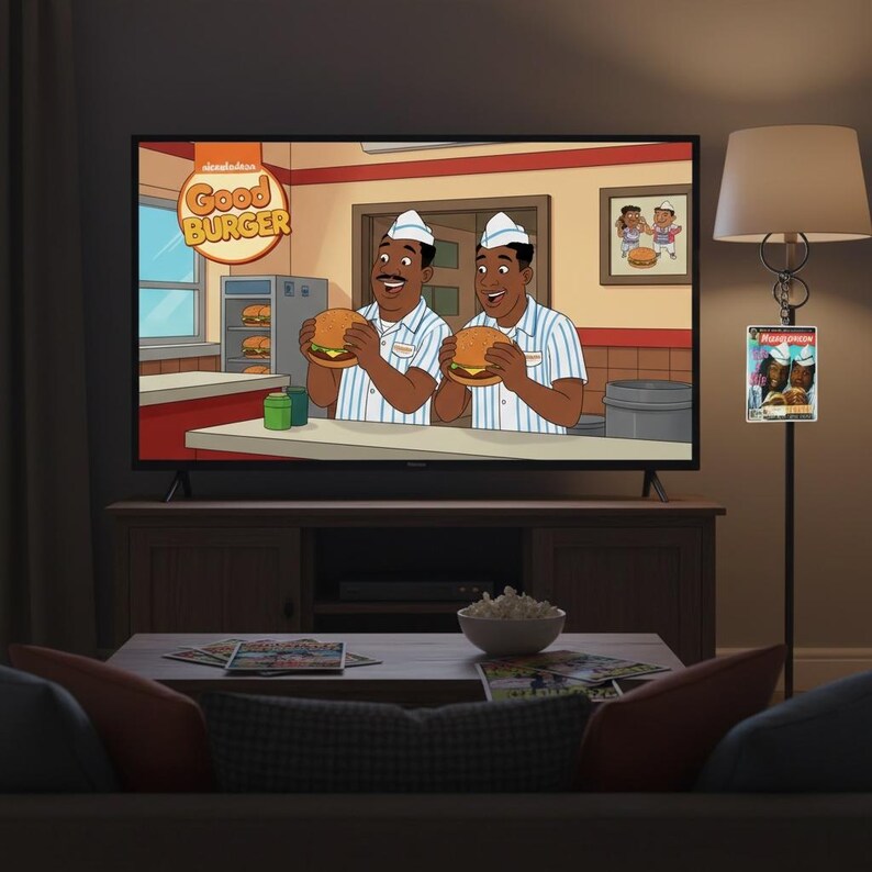 May include: A television screen displays a cartoon scene from "Good Burger" featuring two characters holding burgers. The scene is set in a diner with the show's logo. A lamp with a decorative image hangs nearby.