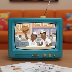 May include: A teal retro television displays a cartoon scene of two men in white uniforms holding a burger and a drink. The word "Goood" is visible on the screen. The TV sits on a wooden surface with drawings in the foreground.
