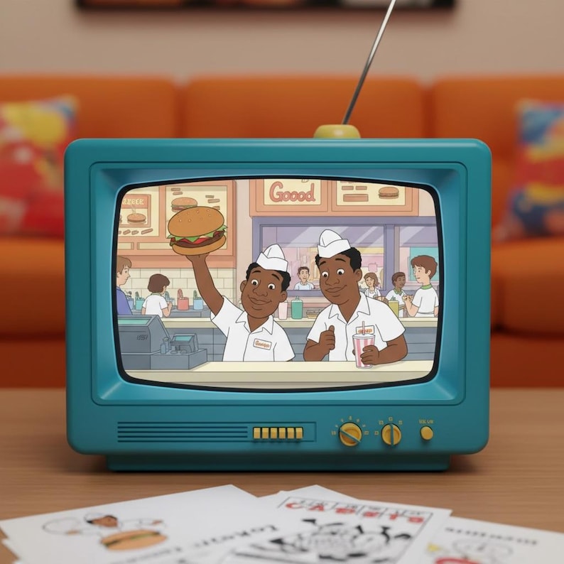 May include: A teal retro television displays a cartoon scene of two men in white uniforms holding a burger and a drink. The word "Goood" is visible on the screen. The TV sits on a wooden surface with drawings in the foreground.