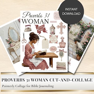 Puede incluir: Una hoja de collage con el texto "Proverbs 31 WOMAN" y varias ilustraciones. Las ilustraciones incluyen una mujer leyendo, una cómoda, una cruz, un frasco de perfume y otros elementos decorativos. También están presentes las palabras "Descarga instantánea".