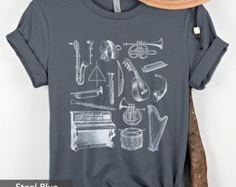 Camiseta de instrumento musical vintage para amantes de la música: camiseta clásica de piano, trompeta y jazz, regalo para músicos, estudiantes y profesores de música.