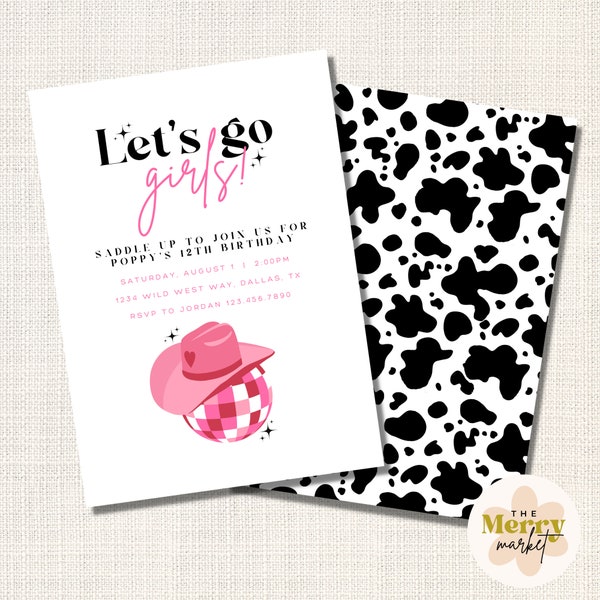 Let's Go Girls, Girly Disco Cowboy Cowgirl Party Invitation Template, Kids Party Printable Editable Invitation, Unisex