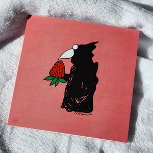 Tarjeta del médico de la plaga del cuervo de fresa, fresas, cuervos, médicos de la plaga, tarjetas cuadradas en blanco, fresa rosa, tarjeta de arte
