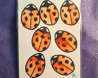 Lucky Seven Seven-Spotted Ladybug Stamp and Watercolor Print 3x4inch Mini