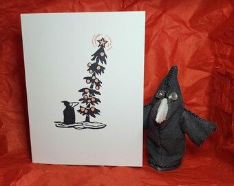 Weihnachtsbaum 5x6,5 Linoldruck Blankokarte mit Pest Doktor Fee