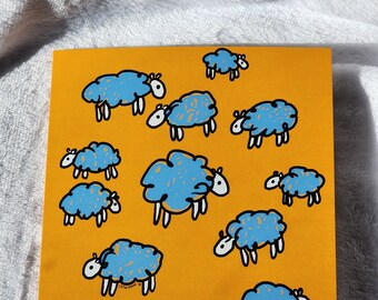 Sheep Herd Art Card, Yellow and Blue Farm Animals