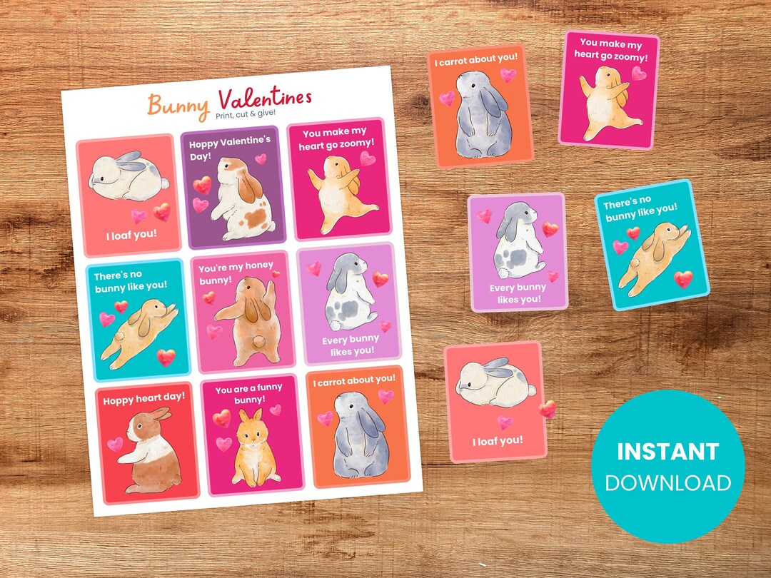 PRINTABLE Kids Bunny Valentine Cards Instant Download - Etsy