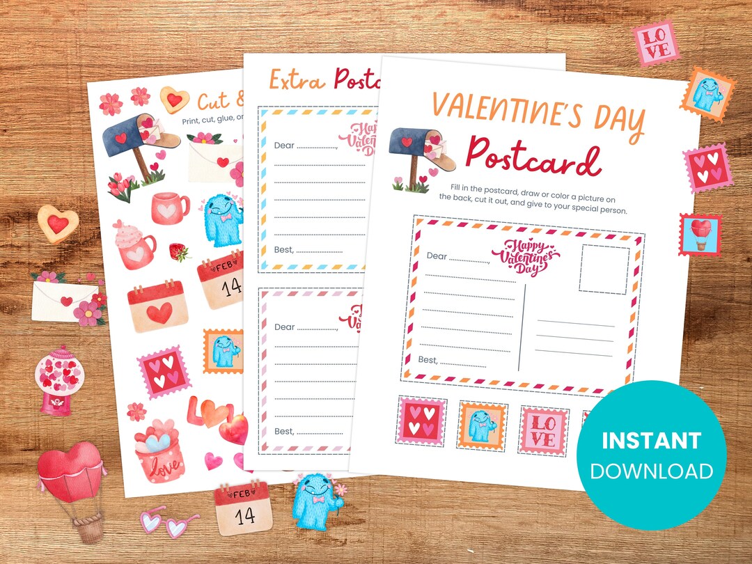 PRINTABLE Kids Valentine's Day Postcard Activity & DIY Stickers Bundle ...