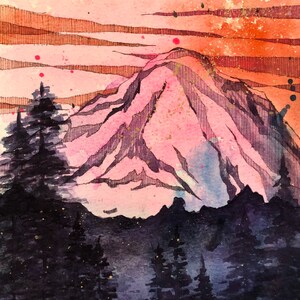 Origineel Mt. Rainier aquarel schilderij, fantastische zonsondergang kunst, 6X6inches