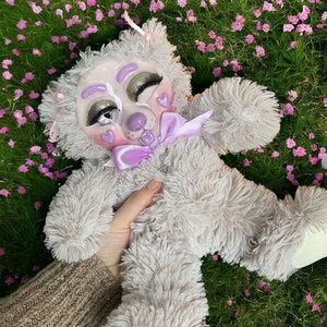 13” Winking Bear -  Handsculpted Clay Face Teddy Bear - Retro Rubber Face Doll - Medium Art Plush - Lavender and Silver Themed