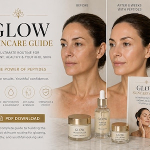 Può includere: Una pubblicità per una guida per la cura della pelle intitolata "GLOW" con il claim "Routine definitiva per una pelle radiosa, sana e giovane". L'immagine mostra un confronto prima e dopo del viso di una donna, oltre a prodotti per la cura della pelle: crema idratante, siero peptidico e crema per gli occhi.