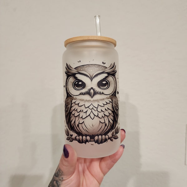 Owl-mazing Glass Cups: Sip in Style with Whimsical Owl-Infused Elegance 16 oz frosted glass cup with bamboo lid and glass straw Customizable