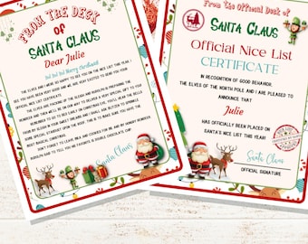 Puede incluir: Dos certificados navideños de Papá Noel. Uno es una carta para Julie, y el otro es un certificado oficial de la Lista de los Buenos. Ambos tienen un borde rojo y verde, ilustraciones festivas y texto. Los certificados están sobre una superficie blanca.