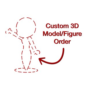 Op de afbeelding: Witte achtergrond met een rode stippellijn van een figuur. De tekst in het rood luidt "Custom 3D Model/Figure Order" met een gebogen pijl die naar de figuur wijst. De figuur staat in een uitnodigende pose.