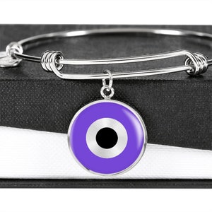Fioletowa bransoletka Evil Eye Bangle z grawerowanym urokiem dla kobiet, spersonalizowane prezenty dla niej, niestandardowa ręcznie robiona bransoletka ochronna ze złota 18k