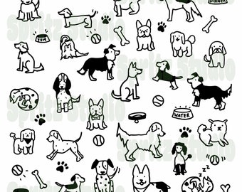 May include: A black and white illustration of various dog breeds, including a dachshund, a bulldog, a poodle, a golden retriever, and a border collie. The illustration includes various dog-related objects, such as bones, balls, and bowls. The text "Dinner" and "Water" are also included in the illustration.