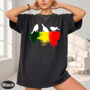 May include: A charcoal black short-sleeve t-shirt featuring a graphic print of three white bird silhouettes perched above a horizontal band of dripping paint in vibrant green, yellow, and red colors, creating a textured, artistic effect.