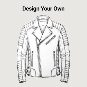 May include: A black and white line drawing of a motorcycle jacket with the text Design Your Own at the top. The jacket features a notched collar, an asymmetrical front zipper, zippered pockets, and quilted padding on the shoulders and sleeves.