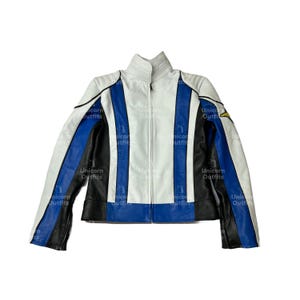 May include: White, black, and blue leather jacket with a stand-up collar and a zipper closure. The jacket features blue stripes down the front and sleeves, with black panels on the sides. The text "Unicorn Outfits" is visible.