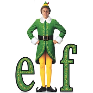 May include: A person in a green elf costume with a white collar, cuffs, and a black belt. The costume has gold trim and is paired with yellow tights and black shoes. The word "elf" is displayed in green with gold accents.