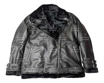 Hand Crafted Mens Shearling Winter Black Leather Jacket, B3 Bomber Aviator RAF Flight Jacket