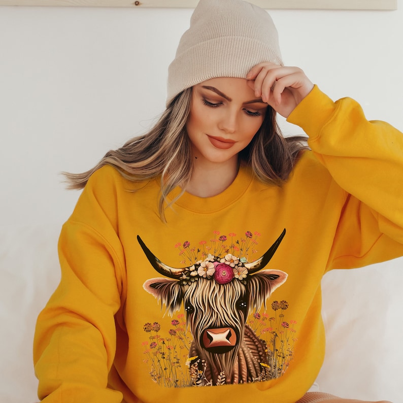 Scottish Highland Cow Wildflower Crewneck Sweatshirt Cow Sweater For scottish-highland-cow-wildflower-crewneck-sweatshirt-cow-sweater-for
