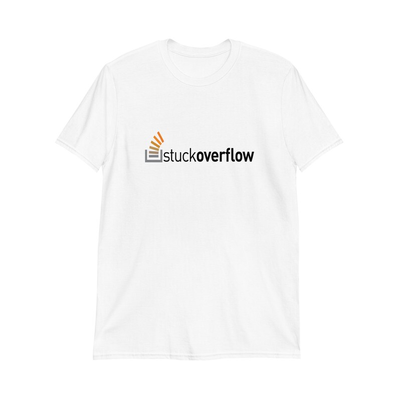 May include: White t-shirt featuring a black and orange logo that reads "stackoverflow".