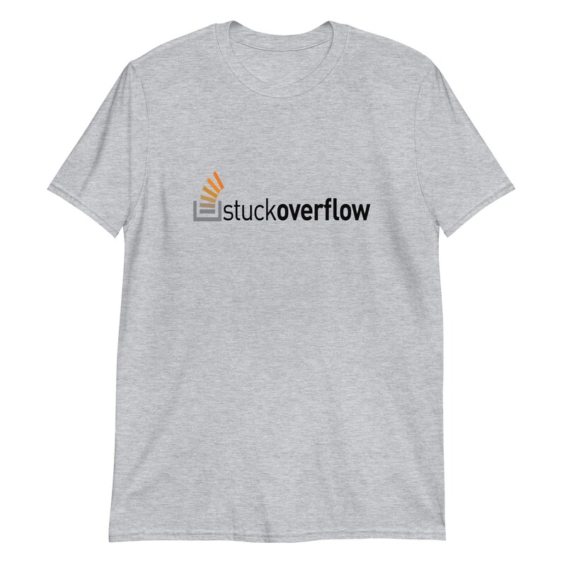 May include: A heather grey t-shirt with the Stack Overflow logo printed on the front. The logo is a stylised image of a book with a rising sun behind it. The text "stackoverflow" is printed in black below the image.