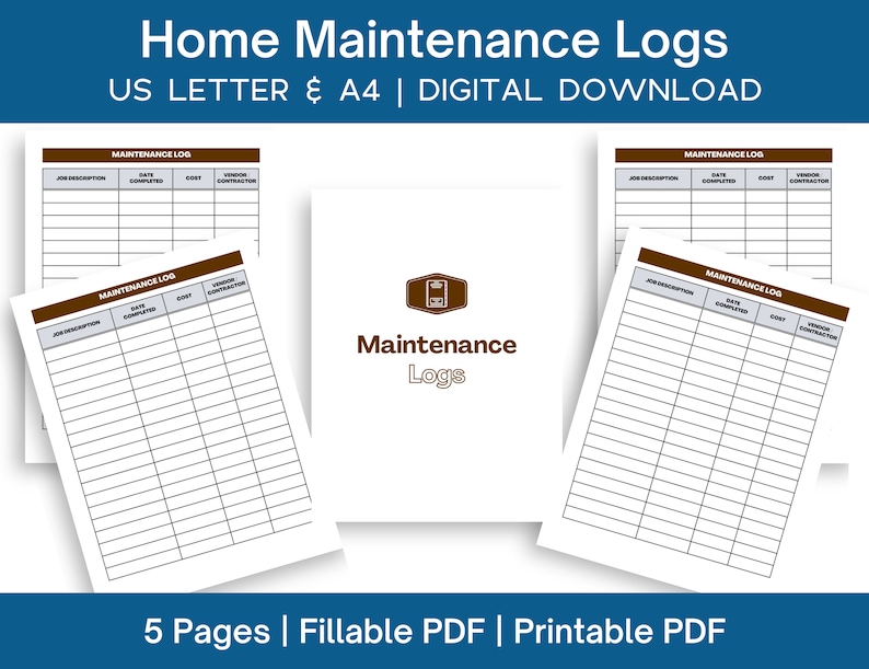 Home Maintenance Log Fillable PDF Printable Maintenance Log Sheets, Tracker, Logbook Etsy