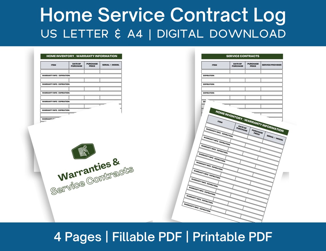 Home Service Contract Log Fillable PDF | Printable Warranty Tracker and ...