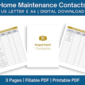Home Maintenance Contacts Fillable PDF | Printable Service Provider Checklist, Contact List