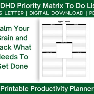 ADHD Priority Matrix To Do List | Daily Planner Template, Productivity, Task Thoughts Organizer PDF, Printable, Digital, Instant Download