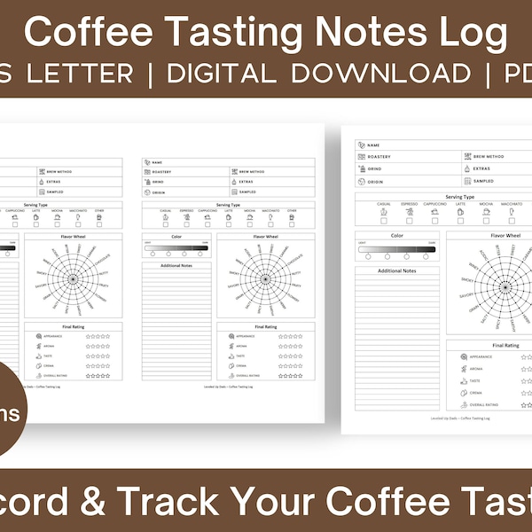 Diario de notas de degustación de café / Registro para registrar reseñas y calificaciones de bebidas preparadas, PDF, Rastreador de perfil de tostado, Imprimible, Digital, Descarga instantánea