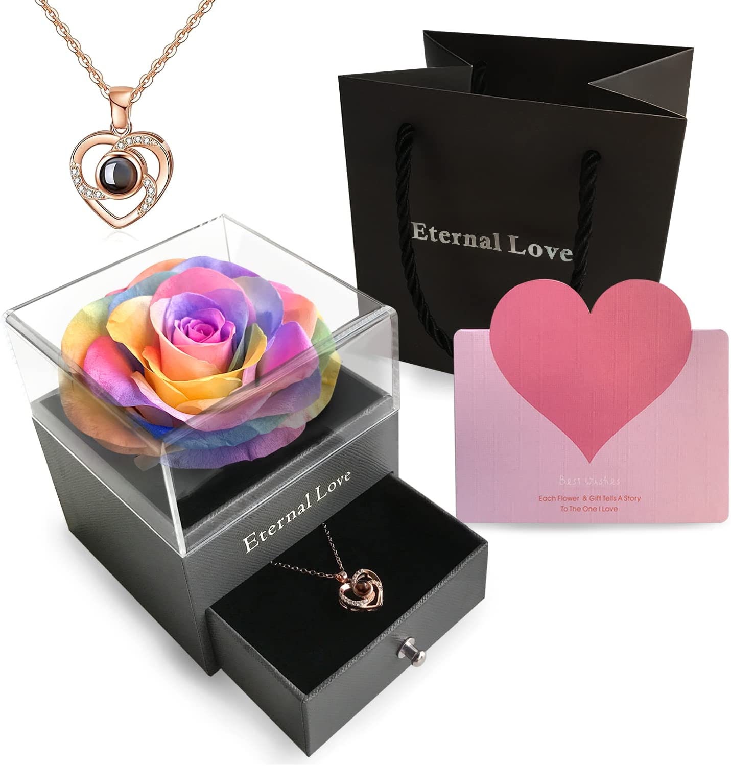 Preserved Real Rose With Necklace in a Box, 