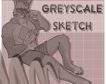 Boceto de personaje Fursona monocromático en escala de grises por encargo