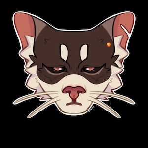May include: Digital illustration of a cat's face with a grumpy expression. The cat has brown fur on its head and ears, with white and tan markings. Its eyes are red, and it has long white whiskers. The background is black.