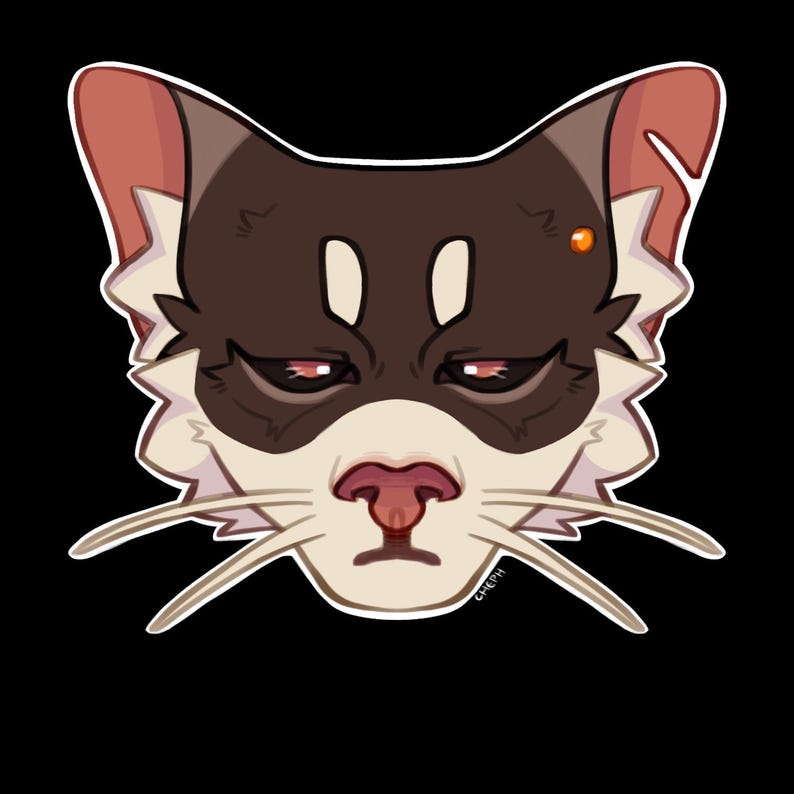 May include: Digital illustration of a cat's face with a grumpy expression. The cat has brown fur on its head and ears, with white and tan markings. Its eyes are red, and it has long white whiskers. The background is black.
