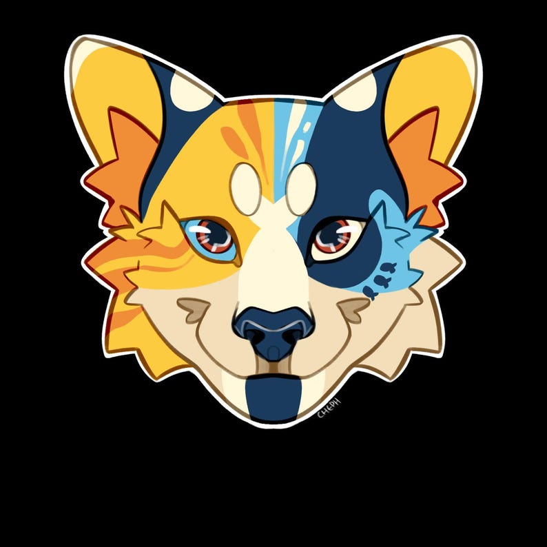 May include: A vibrant cartoon dog face illustration on a black backdrop. The dog's face is divided into sections of yellow, orange, blue, and white. It has detailed eyes and a dark blue nose. The artist's signature is in the bottom right corner.