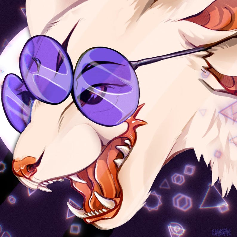 K&ouml;nnte beinhalten: Digitale Illustration einer wei&szlig;en und hellbraunen Katze mit violett get&ouml;nten Sonnenbrillen. Das Maul der Katze ist ge&ouml;ffnet und zeigt scharfe Z&auml;hne und ein rotes Innere. Der Hintergrund ist dunkelviolett mit geometrischen Formen.
