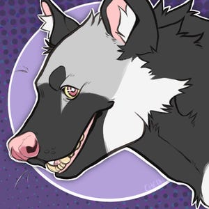 K&ouml;nnte beinhalten: Digitale Illustration eines Hunde-Kopfes im Profil, vor einem lila Kreis und einem gepunkteten Hintergrund. Der Hund hat schwarzes, graues und wei&szlig;es Fell, mit rosa Akzenten an Ohren und Nase. Der Hund l&auml;chelt und zeigt seine Z&auml;hne.