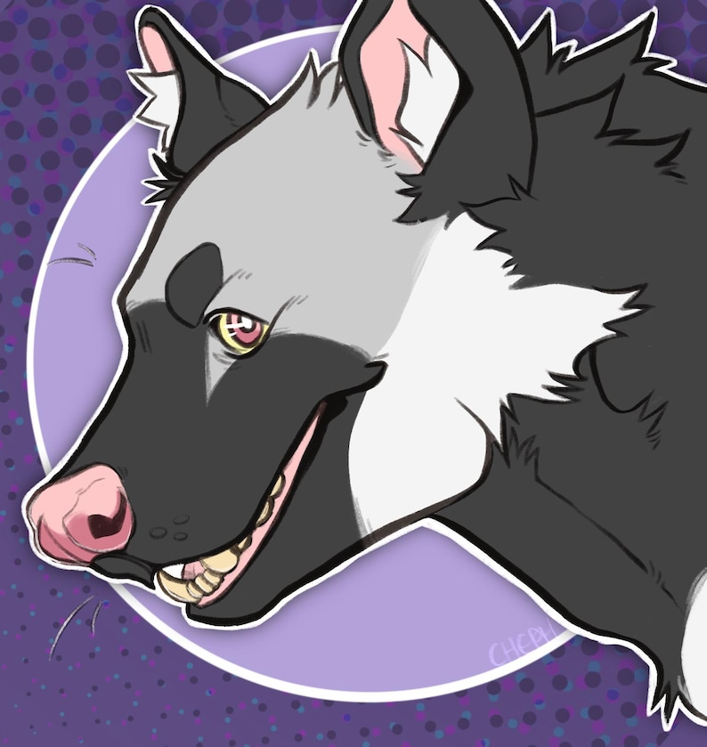 K&ouml;nnte beinhalten: Digitale Illustration eines Hunde-Kopfes im Profil, vor einem lila Kreis und einem gepunkteten Hintergrund. Der Hund hat schwarzes, graues und wei&szlig;es Fell, mit rosa Akzenten an Ohren und Nase. Der Hund l&auml;chelt und zeigt seine Z&auml;hne.