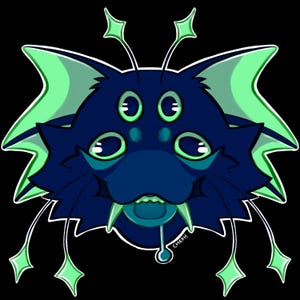 May include: A digital illustration of a blue and teal creature with four eyes, pointed ears, and a toothy grin. The creature has star-shaped antennae and dangling accents. The background is black.