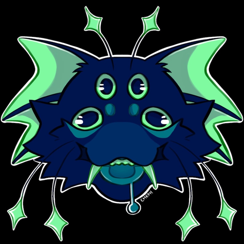 May include: A digital illustration of a blue and teal creature with four eyes, pointed ears, and a toothy grin. The creature has star-shaped antennae and dangling accents. The background is black.