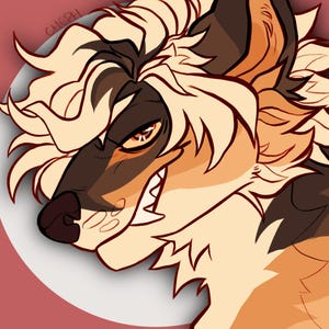 K&ouml;nnte beinhalten: Digitale Illustration einer wolfs&auml;hnlichen Kreatur mit einem wilden Ausdruck. Das Kunstwerk zeigt eine Farbpalette aus Braun, Beige und Creme, mit scharfen Z&auml;hnen und intensiven Augen. Der Hintergrund ist ein weiches Rot mit einem wei&szlig;en Kreis.